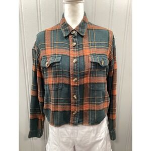 American Eagle Plaid Cropped Flannel Shirt Teal Orange Womens Size M